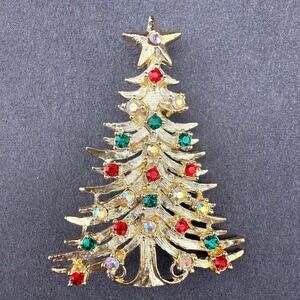 Vintage Signed Tanger II Christmas Tree Brooch Gold Tone Rhinestone Pin